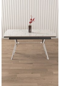 Resim Canisa Nis Serisi 89x150 Açılabilir Lak Panel Beyaz Mermer Krom Ayak Masa Takımı Ve 6 Antrasit Sandalye Masa Beyaz Mermer Sandalye Antrasit Ayaklar Gold 