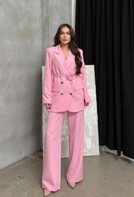 Resim buqre's moda Kadın İkili Blazer Ceket Pantolon Takım Aksesuar Gül ve Düğme Detaylı Bol Paça 