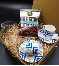 Resim Mavi Mermer Desen Porselen Fincan Takımı & Cam Cezve & Kahve Düny 