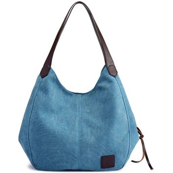 Kadın Kanvas Omuz Çantası Çanta Çok Cepli Vintage Tote Mavi Mavi