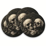 Resim 4 adet Gotik Kafatası ve Gül Yuvarlak Placemats, 38.1 cm - Siyah Polyester Masa Matları, Parti, Mutfak veya Yemek Dekoru için İncelikli Kafatası ve Çiçek Tasarımı, Parti Masa Dekoru | Kafatası Dekoru | Dayanıklı Masa Eşyaları, Kafatası Süsleri 