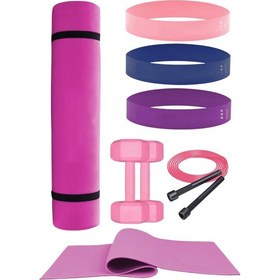 Resim Dayanıklı Ve Fonksiyonel Pilates Ve Egzersiz Seti Pilates Minderi, Dambıl, Aerobik Bant, Atlama İpi Pembe 