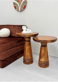 Resim AYLESA Ahşap 2’li Set Mantar Yan Sehpa Modern Açık Ceviz Fiskos Zigon Çiçeklik 