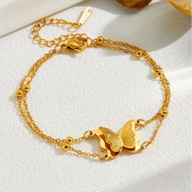 Resim Kadınlar için zarif bir hediye olarak veya günlük giyim için mükemmel olan, inci detaylı altın tonlu paslanmaz çelik çift katmanlı kelebek bilezik 