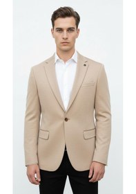 Resim Plus Scorpion Bej Erkek İtalyan Kesim Blazer Ceket Kol Yamali, Slim Fit, Şık Ve Modern Tasarım Bej 