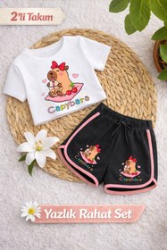 Resim Capybara 3 Baskılı Beyaz Crop Siyah Şort Takım 