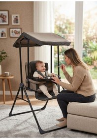 Resim Yatarlı Tenteli Mama Tablalı Katlanır Keten Kumaş Ev Tipi Salıncak & Mama Sandalyesi 