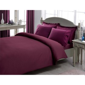 Resim Taç Çift Kişilik Premium Basic Stripe Saten Nevresim Takımı Mürd Bordo 