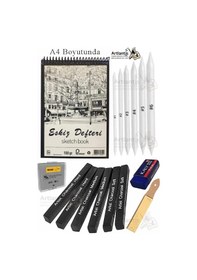 Resim Sıkıştırılmış Kömür Füzen Ve A4 Eskiz Defteri 1 Paket Siyah Kare Press Kömür Füzen Yassı Çizim Gölgelendirme Grafit 