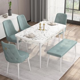 Resim Canisa Concept Are Serisi 80 x 132 cm Açılabilir Benchli Mdf Beyaz Mermer Desen Mutfak Masa Takımı 4 Sandalye 1 Bench 