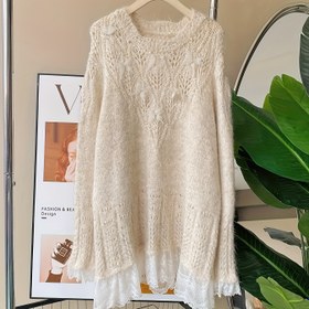 Resim Kadınlar İçin Fransız Dantel Detaylı Rahat Kesim Uzun Kollu Yuvarlak Yaka Kesik Detaylı Orta Esnek Bej Kazak - İlkbahar/Sonbahar Günlük ve Ofis Giyimi, Dikey Çizgili Desenli Örgü Kazak 