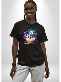 Resim Sevimli Bebek Ejderha Elmas Yumurta Pamuklu Bisiklet Yaka Unisex Oversize Boyfriend Dijital Baskılı Siyah T-shirt Siyah 
