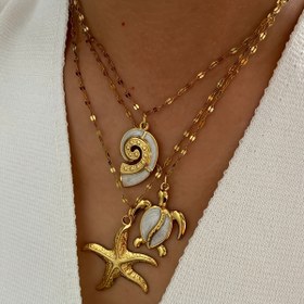 Resim Bir deniz ilhamlı kolye takımı, denizyıldızı, deniz kaplumbağası ve kabuk süsleri içeren şık bir paslanmaz çelik seti - Emaye işlenmiş, klasik tasarım, partiler ve banketler için mükemmel. 