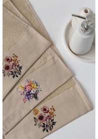 Resim 3'lü Çiçek Baskılı Havlu Takımı - Bej Renk Bambu El Havlusu Seti - Yumuşak & Süper Emici - 30x50 Cm Bej Bej 