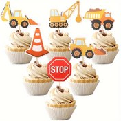 Resim 12 Adet Ahşap İnşaat Temalı Cupcake Süsleri - Ekskavatör, Damperli Kamyon, Dur İşareti ve Daha Fazlası - Bebek Duşu, Doğum Günü, Cinsiyet Açıklaması İçin Evrensel Tatil Partisi Süslemeleri - Elektrik Gerekmez 