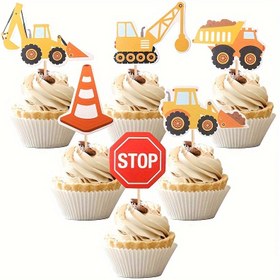 Resim 12 Adet Ahşap İnşaat Temalı Cupcake Süsleri - Ekskavatör, Damperli Kamyon, Dur İşareti ve Daha Fazlası - Bebek Duşu, Doğum Günü, Cinsiyet Açıklaması İçin Evrensel Tatil Partisi Süslemeleri - Elektrik Gerekmez 