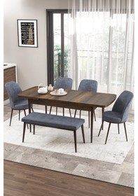 Resim Canisa Zen Serisi 80x132 Mdf Açılabilir Barok Ahşap Desen Masa Takımı 4 Füme Sandalye Ve 1 Bench Masa Barok Sandalye Ve Bench Füme 