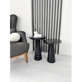 Resim Ahşap 2'li Set Mantar Yan Sehpa Modern Siyah Renk Fiskos Zigon Çiçeklik 