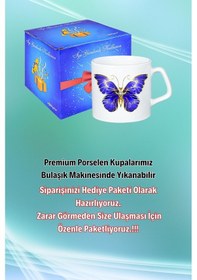 Resim Kraliçe Mavi Kelebek Baskılı Afilli Kupa Bardak Çay Kahve Fincanı Beyaz 