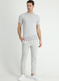 Resim Açık Gri Slim Fit Dar Kesim Beli Lastikli İpli Desenli Keten Karışımlı Kumaş Pantolon 