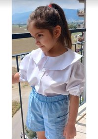 Resim BAV Butik Ayvitrin Kız Çocuk Kısa Kollu Tasarım Şal Yaka Gömlek Beyaz(KUMAŞI DOKUMASİNDA CİZGİLER MEVCUT) 