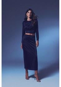 Resim Sateen Simli Midi Etek - Lacivert-135384 Lacivert 