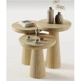 Resim Wood Wooden 3lü Set Fitilli Mantar Yan Sehpa Modern Ahşap Renk Vernikli Fiskos 