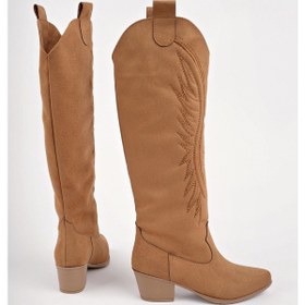 Resim Muggo Rodeo Dikiş Detaylı Kalın Topuklu Kovboy Kadın Çizme TABA SÜET 