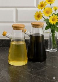 Resim PAKETLENDİ 2 Adet 900ml Bambu Kapaklı Vakumlu Borosilikat Yağdanlık (Bambu Altlığı Sete Dahil Değildir) 