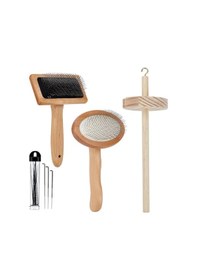 Resim Adet Ahşap Yün Tarak, Slicker Fırça Ahşap İplik Eğirme Aleti Keçeleme Aleti 