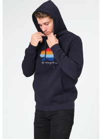 Resim Süzene Nakış Ayı Baskılı Kapüşonlu Mavi Sweatshirt Polarlı Çok Renkli 