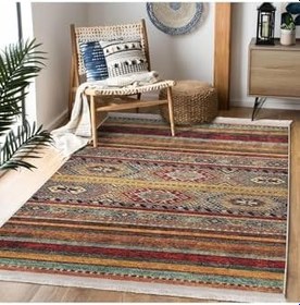 Resim RealHomes Kırmızı - Kahverengi Zeminde Geleneksel Motifli Kilim Desenli Vintage Etnik Motifler Saçaklı Halı HaliDik-Deluxe-12048, 160 x 230 