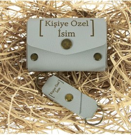 Resim Miaju Gri Renk İsme Özel Deri Cüzdan Ve Anahtarlık Takım, Yüksek Kalite Aksesuar Gri 