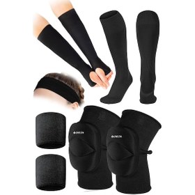 Resim Voleybol Spor Seti - Dizlik, Elik, Saç Bandı, Bilek Havlusu Ve Uzun Çorap Ile Tam Takım Altın - Siyah 