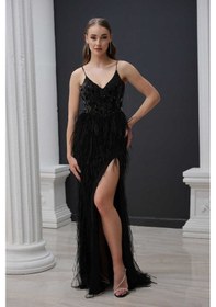 Resim Serabella Siyah İp Askı İşlemeli Otrişli Sırtı Biritli Yırtmaçlı Abiye Elbise 20 4327033 Siyah 