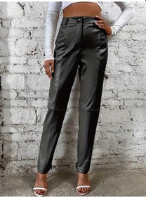 Resim Ge Ticaret Kadın Yüksek Bel Önden Düğmeli Deri Pantolon Siyah 