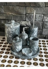 Resim Füme Mermer 7'li Banyo Seti Kendinden Kulplu Beyaz 