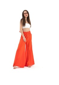 Resim Wpr Geniş Kemerli Bol Paça Düz Keten Kadın Pantolon - Oranj-oranj Oranj 