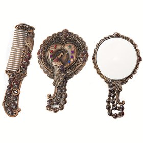 Resim Tavuskuşu Desenli Makyaj Aynası ve Tarak Seti - Seyahat Taşınabilir Metal Kozmetik Aynası İle Gömme Boncuklar - Anneniz ve Kadınlar İçin Mükemmel Hediye 