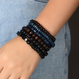 Resim 6'lı Erkek vintage mavi ve siyah ahşap boncuklu karışık çok parçalı takı aksesuar seti 