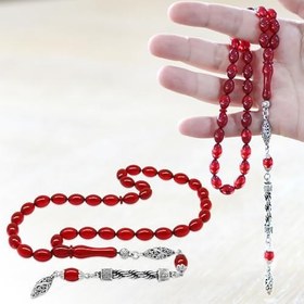 Resim Tesbihane Kararmaz Metal Halat Püsküllü Arpa Kesim Bayrak Kırmızı Ateş Kehribar Tesbih 