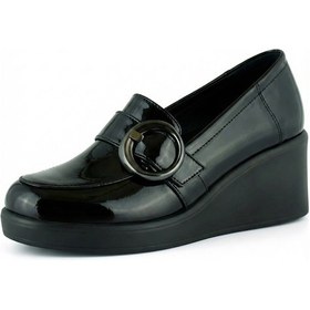 Resim Erkan Saçmacı Madeline Siyah Rugan Hakiki Dana Derisi Tokalı Yuvarlak Burun Dolgu Topuklu Günlük Ayakkabı Siyah - Platin 