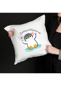 Resim Sarılmaya İhtiyacım Var Yazılı Sevimli Penguen Tasarımlı Dekoratif Yastık Kılıfı İçi Boş Beyaz 