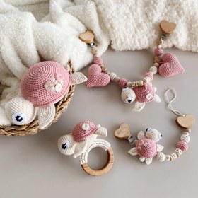 Resim Amigurumi Müzikli Nakışlı Kaplumbağa Oyuncağım - 4 Parça Bebek Seti 