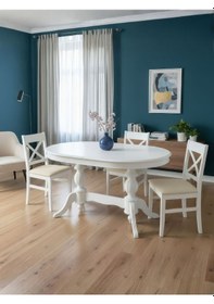 Resim Montclair Çift Baba Ayaklı Masif Ahşap Oval Yemek Masası 90x140 Beyaz 