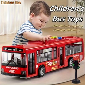 Resim 12 İnç Çift Kapılı Oyuncak Otobüs, Işıklar ve Müzikle Şehir Otobüsü Oyuncak, 3+ Yaşındaki Çocuklar İçin İtme-Çekme İnkürbasyonlu Araç, Mükemmel Doğum Günü Hediyesi - Yaratıcı İç/Dış Mekan Etkileşimli Model, Erkek ve Kız Çocukları İçin Uygun, Noel, Cadılar Bayramı, Şükran Günü ve Diğer Tatiller İçin İdeal 