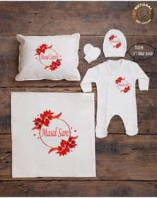 Resim yzc home size dair... K0102 Bty Ekru Renk Isme Özel Isimli Baskılı Bebek Yastık Battaniye Tulum Şapka Eldiven Set 