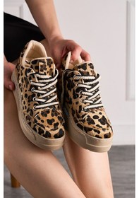 Resim Günlük Kadın Sneaker Gizli Kalın Topuklu Taş Detaylı Oval Burun Bağcıklı Spor Ayakkabı F70 Leopar 
