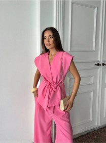 Resim Rawea Yelekli Pantolonlu Bağlamalı Takım - Viskon & Geniş Paça Pembe 