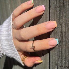 Resim Short Square Press On Nails, Glossy Fake Nails With Colorful French Tip, Acrylic All Cover False Nails For Women And Girls 24pcs 